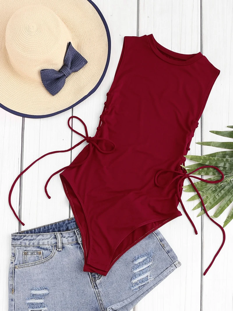 Burgundy Burgundy Side Neck BodysuitRound Sleeveless Lace Sleeveless Up Sleeve rxwOYrfqE