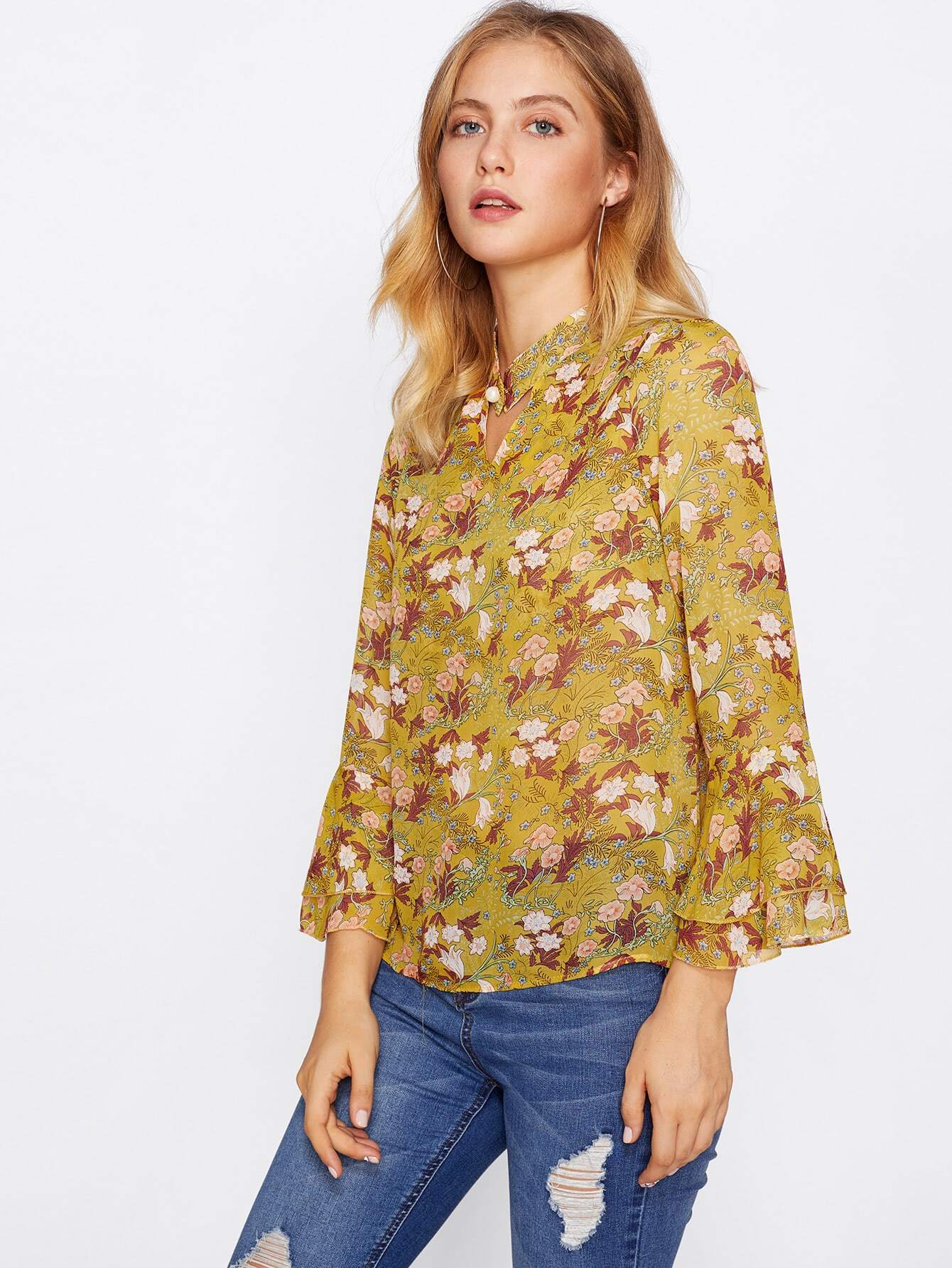 Choker Neck Layered Bell Sleeve Pearl Embellished Top SheIn(Sheinside)