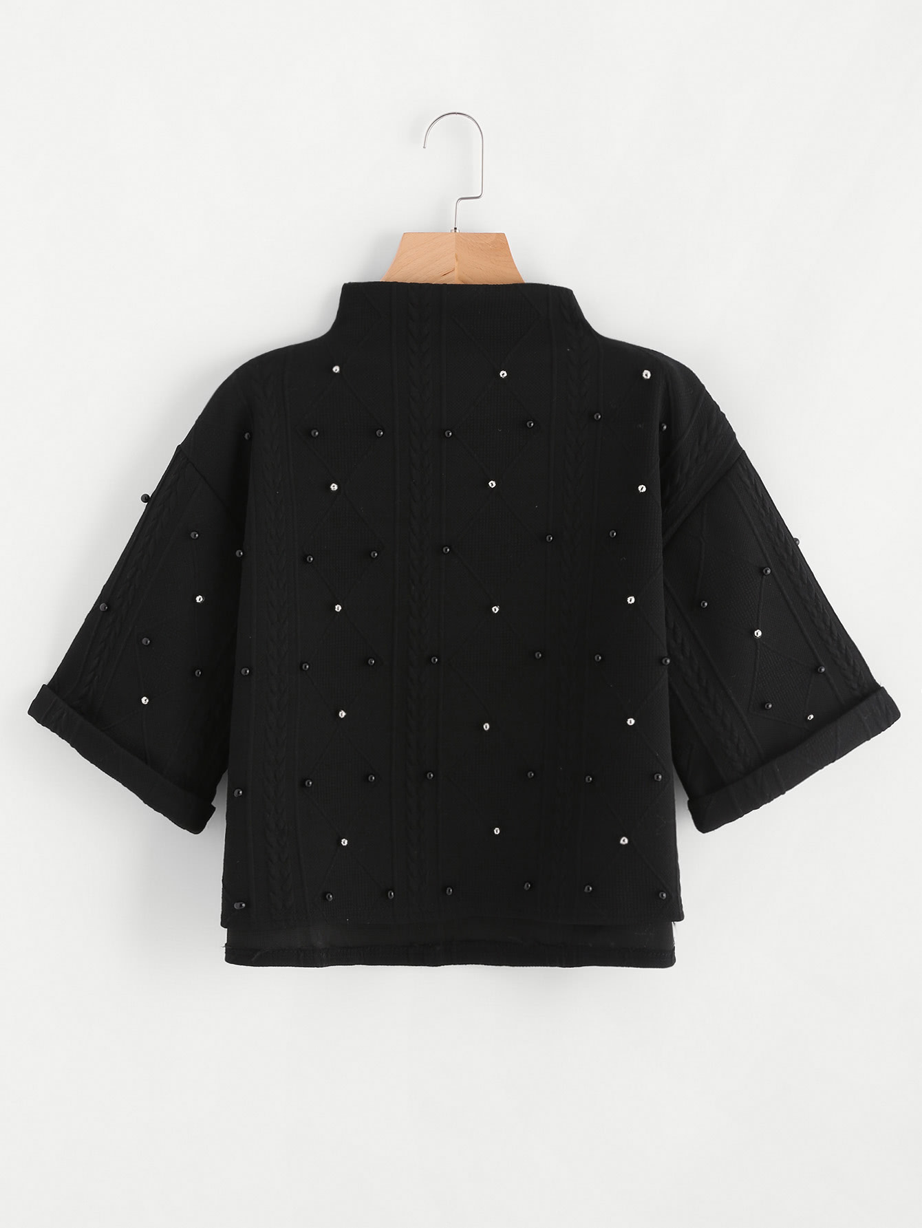 Mock Neck Beading Embossed High Low Sweatshirt