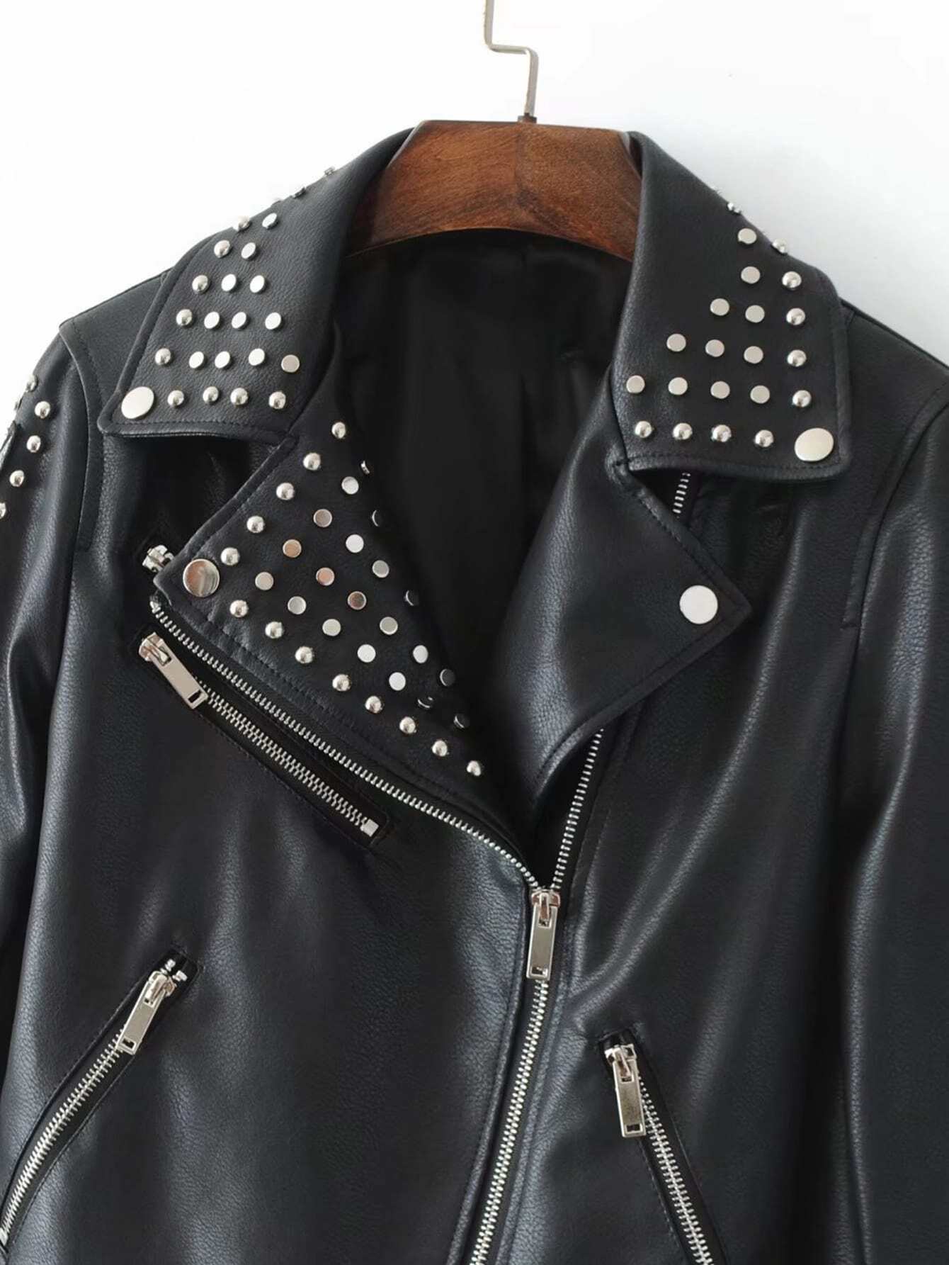 Studded Detail PU Biker Jacket With Belt SheIn(Sheinside)