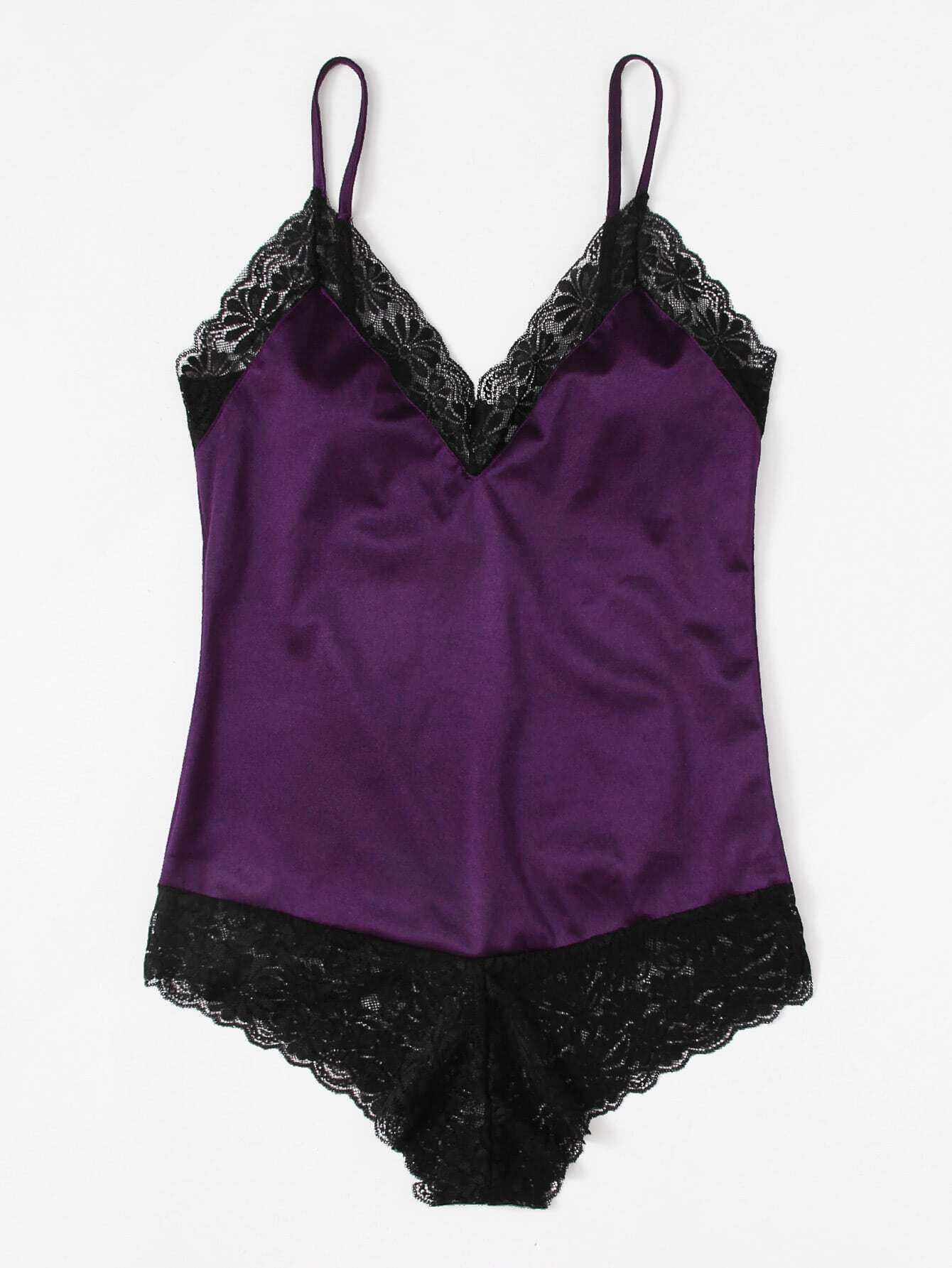 Lace Trim Cami Satin Teddy SheIn(Sheinside)