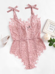 Ribbon Tie Shoulder See Though Floral Lace Bodysuit