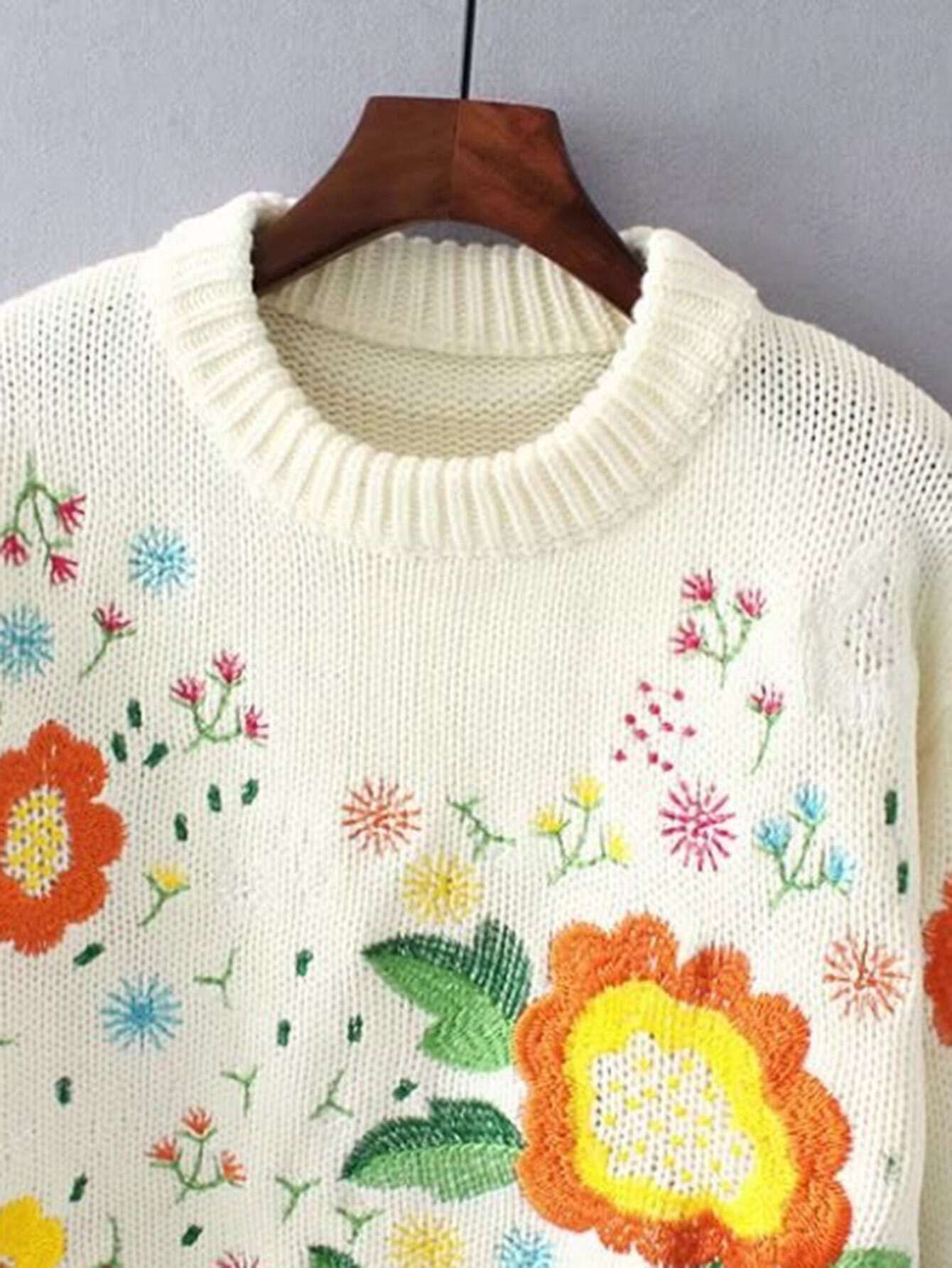 Flower Embroidery Ribbed Trim Sweater SheIn(Sheinside)