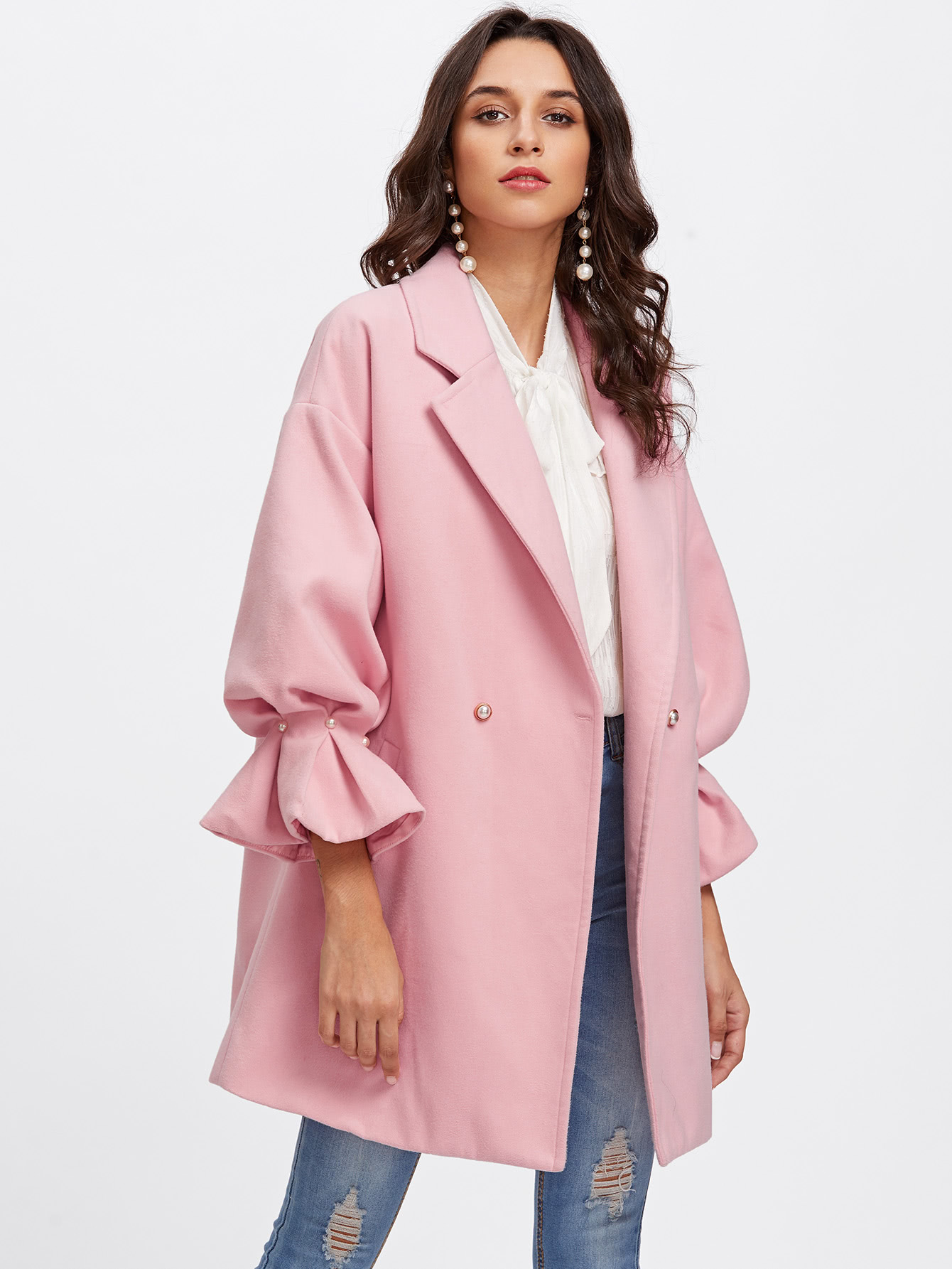 Drop Shoulder Pearl Detail Ruffle Cuff Coat SheIn(Sheinside)