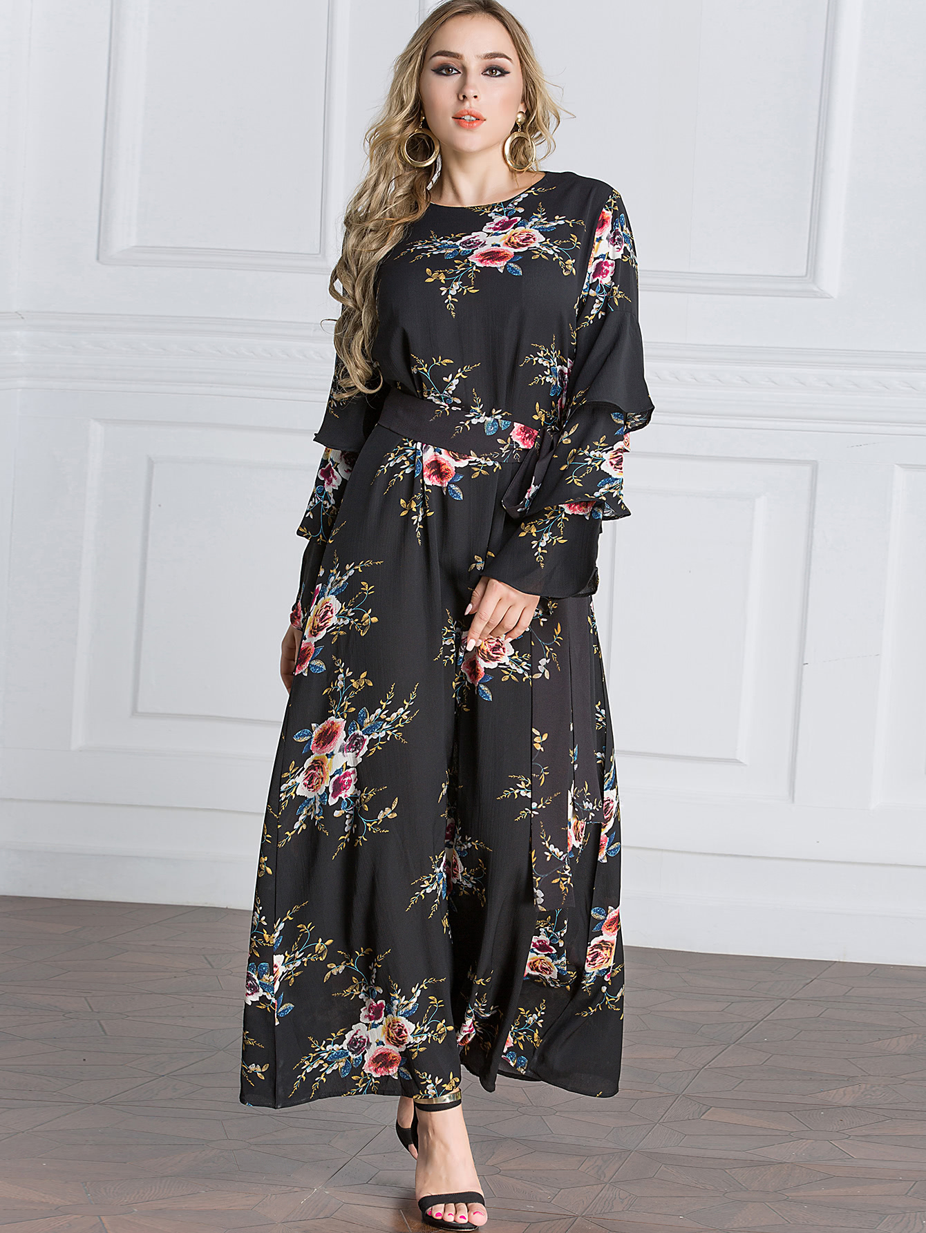 Botanical Print Flounce Layered Sleeve Tie Waist Dress