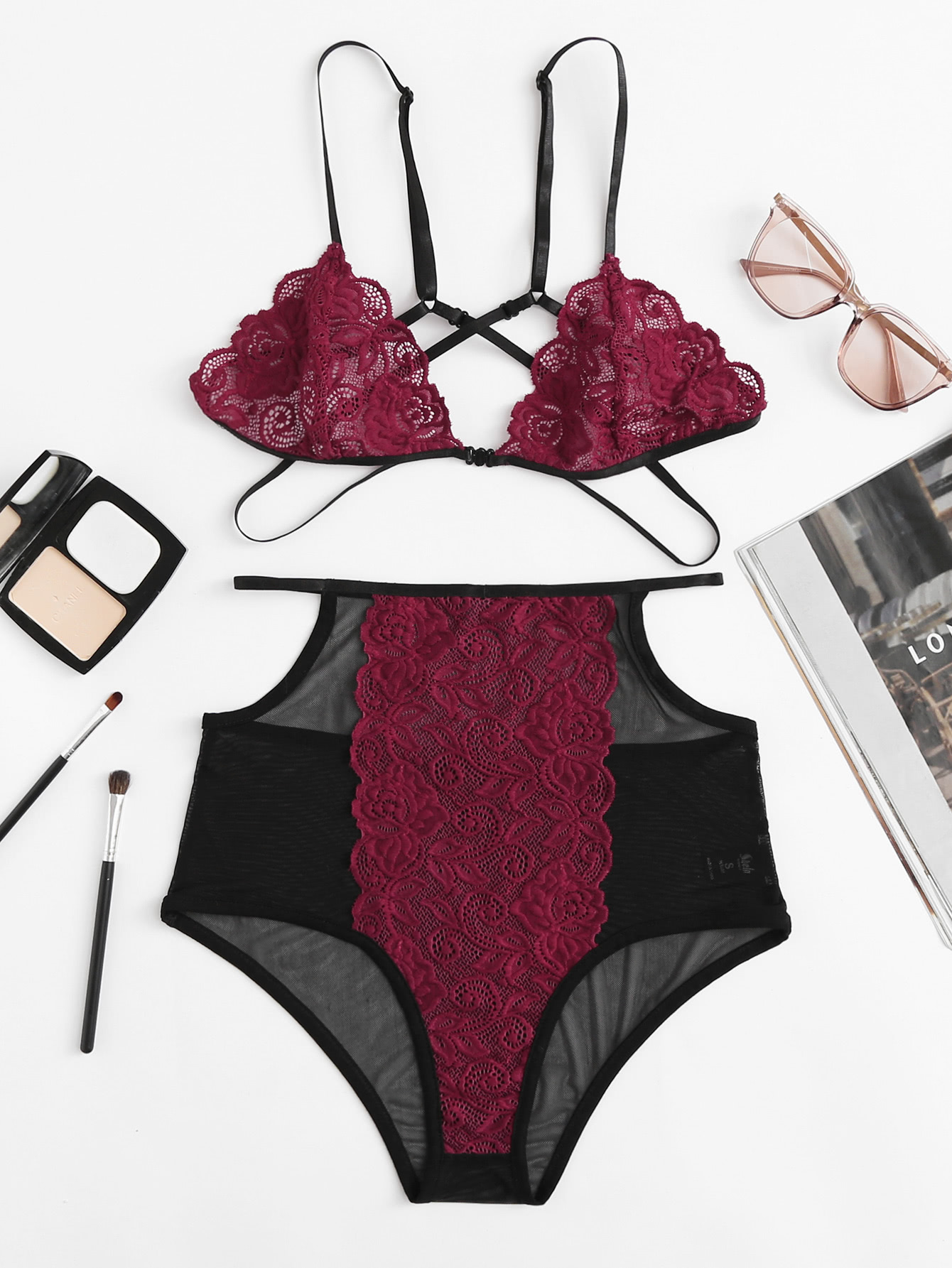 Crochet Scallop Trim Bra & Lace Panty Lingerie Set