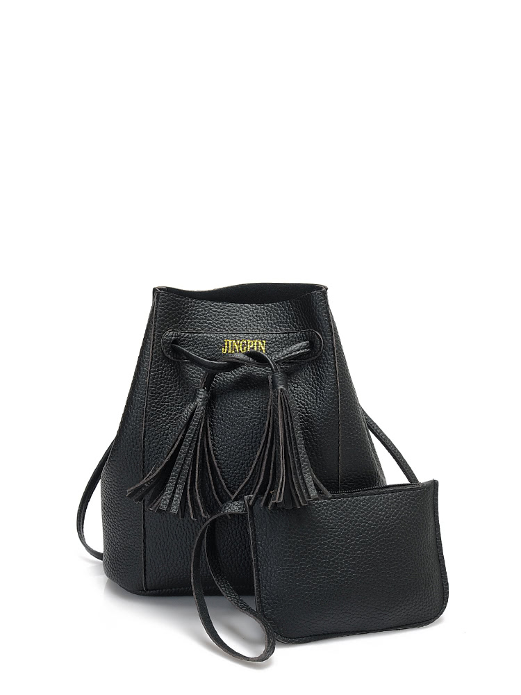 Tassel Drawstring Texture Bucket Bag With Clutch