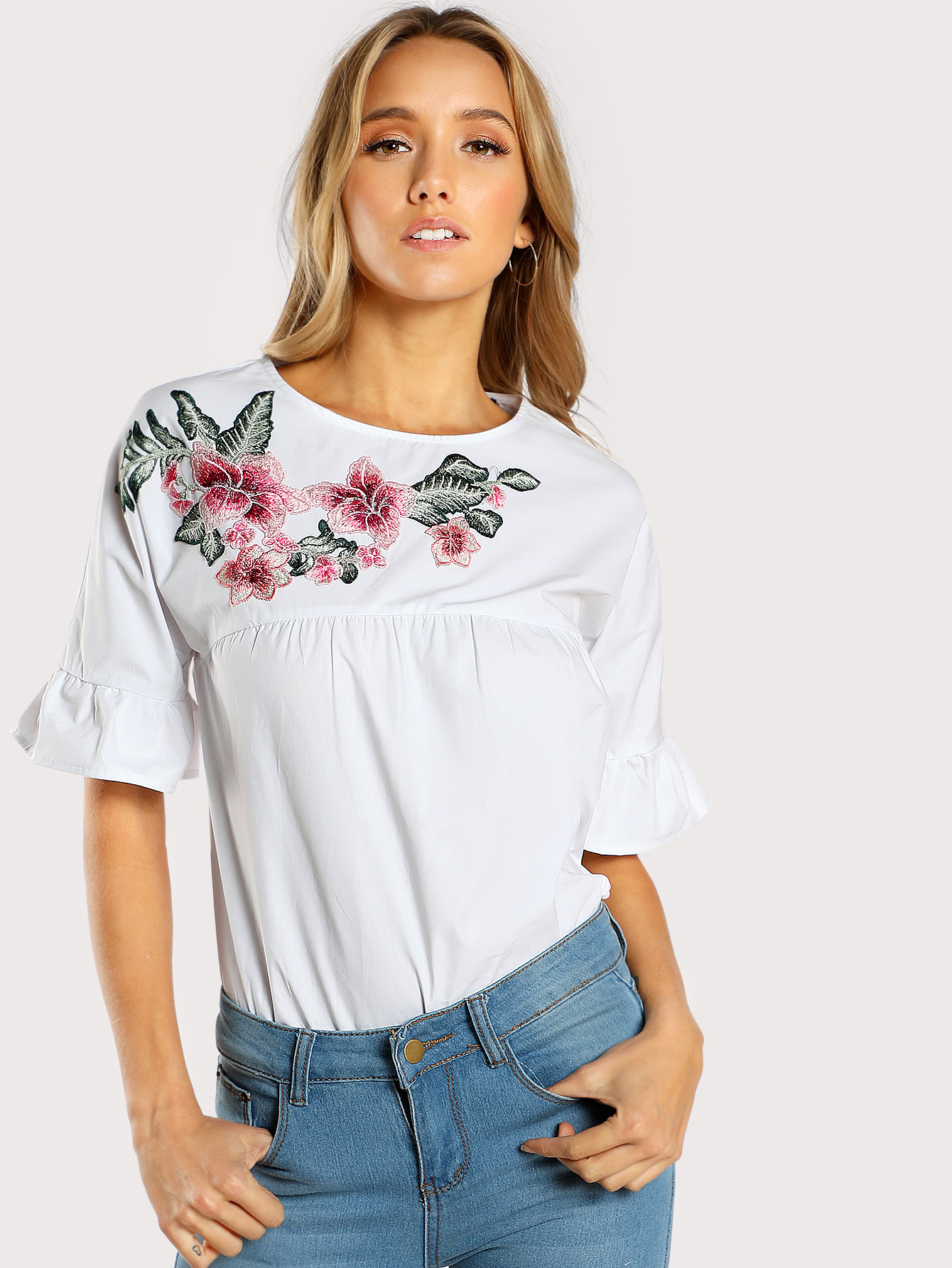Embroidered Flower Embellished Ruffle Sleeve Babydoll TopFor Womenromwe
