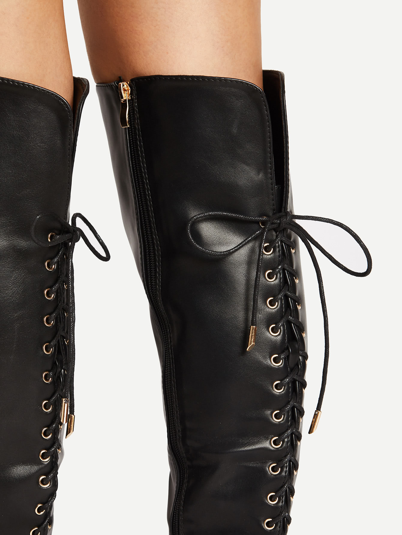 Lace Up Back Knee High PU Boots SheIn(Sheinside)