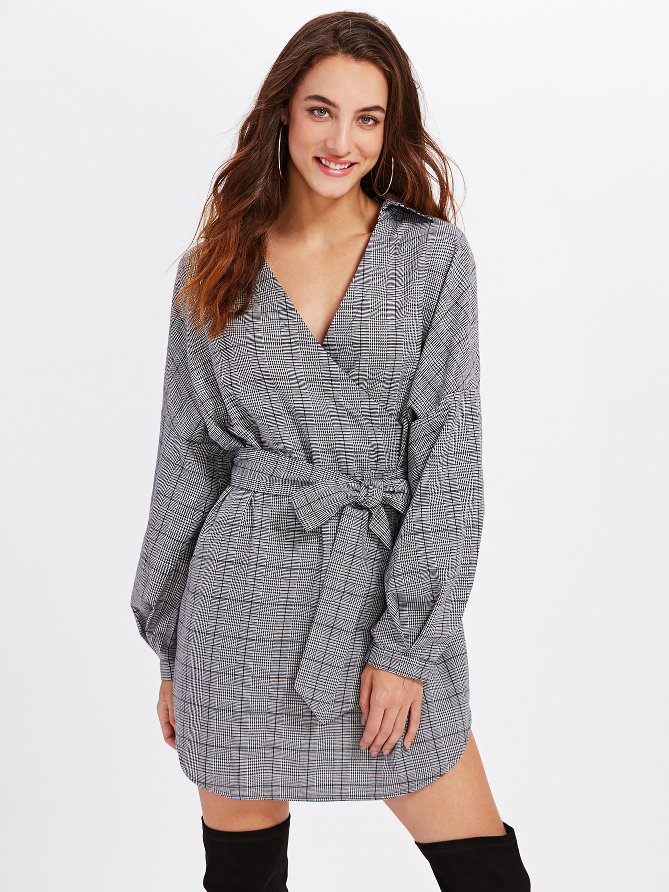 Surplice Front Dolphin Hem Belted Plaid Dress