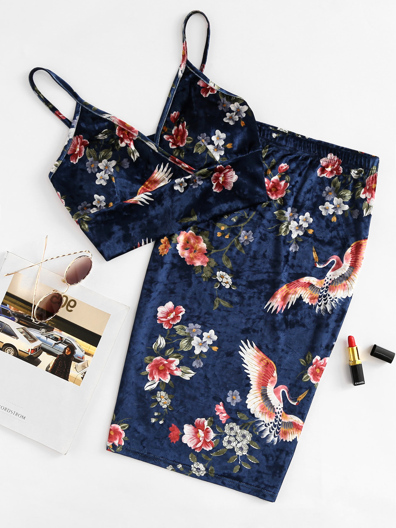 Floral Velvet Bralette Top & Pencil Skirt Co-Ord floral pencil midi skirt