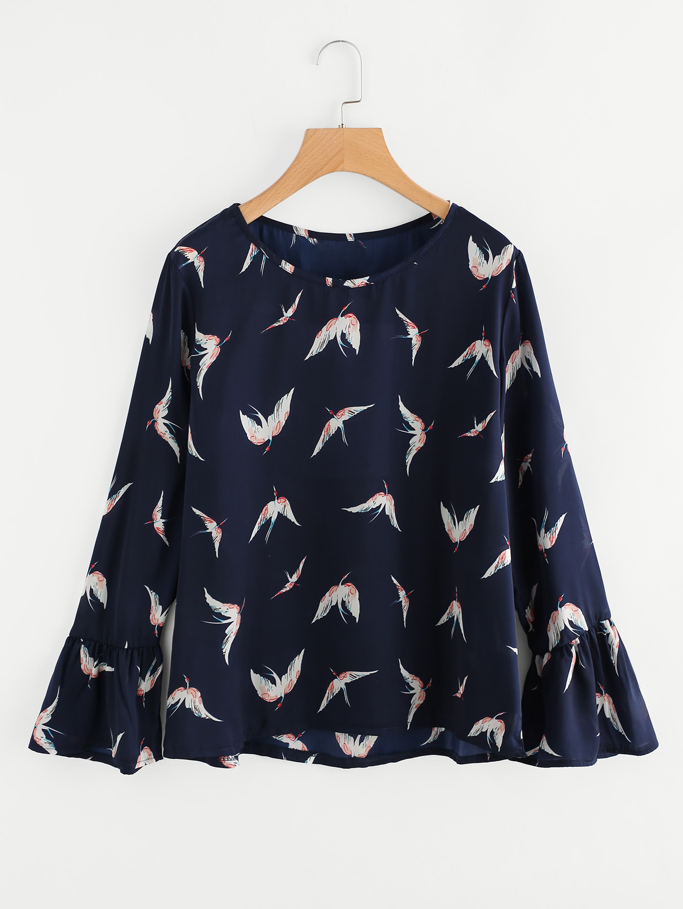 Ruffle Sleeve Red-crowned Crane Print Random Blouse