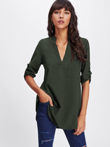 Rolled Sleeve Dip Hem Blouse