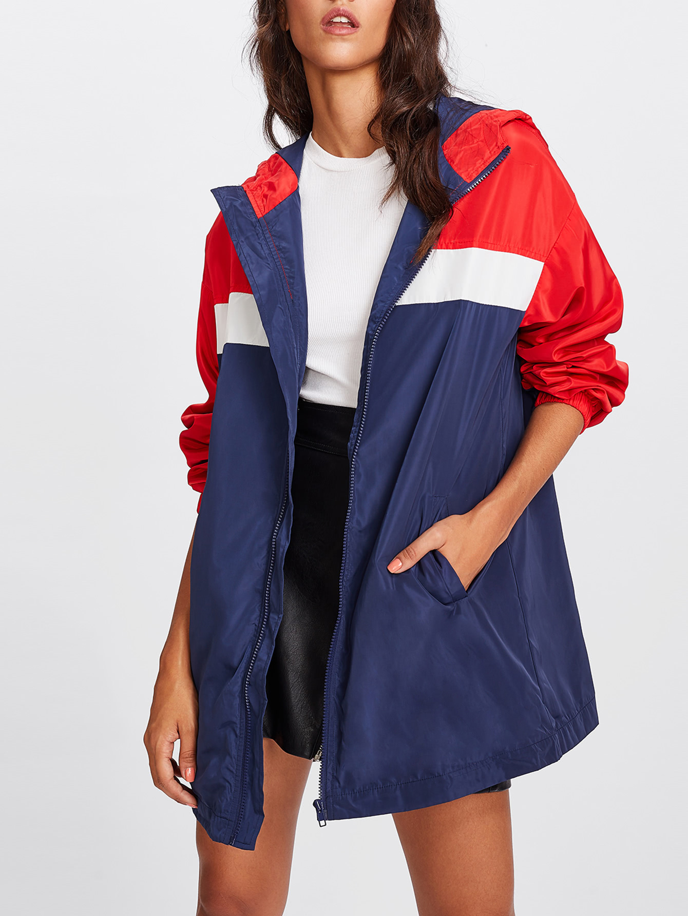 Cut And Sew Hooded Windbreaker Jacket SheIn(Sheinside)