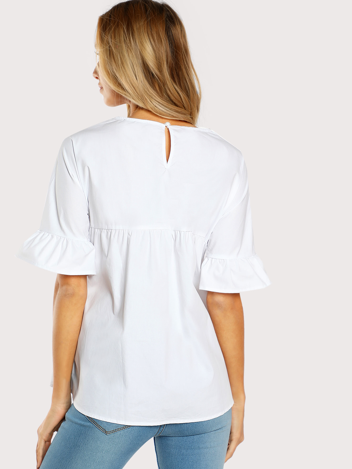 Embroidered Flower Embellished Ruffle Sleeve Babydoll Top SheIn(Sheinside)