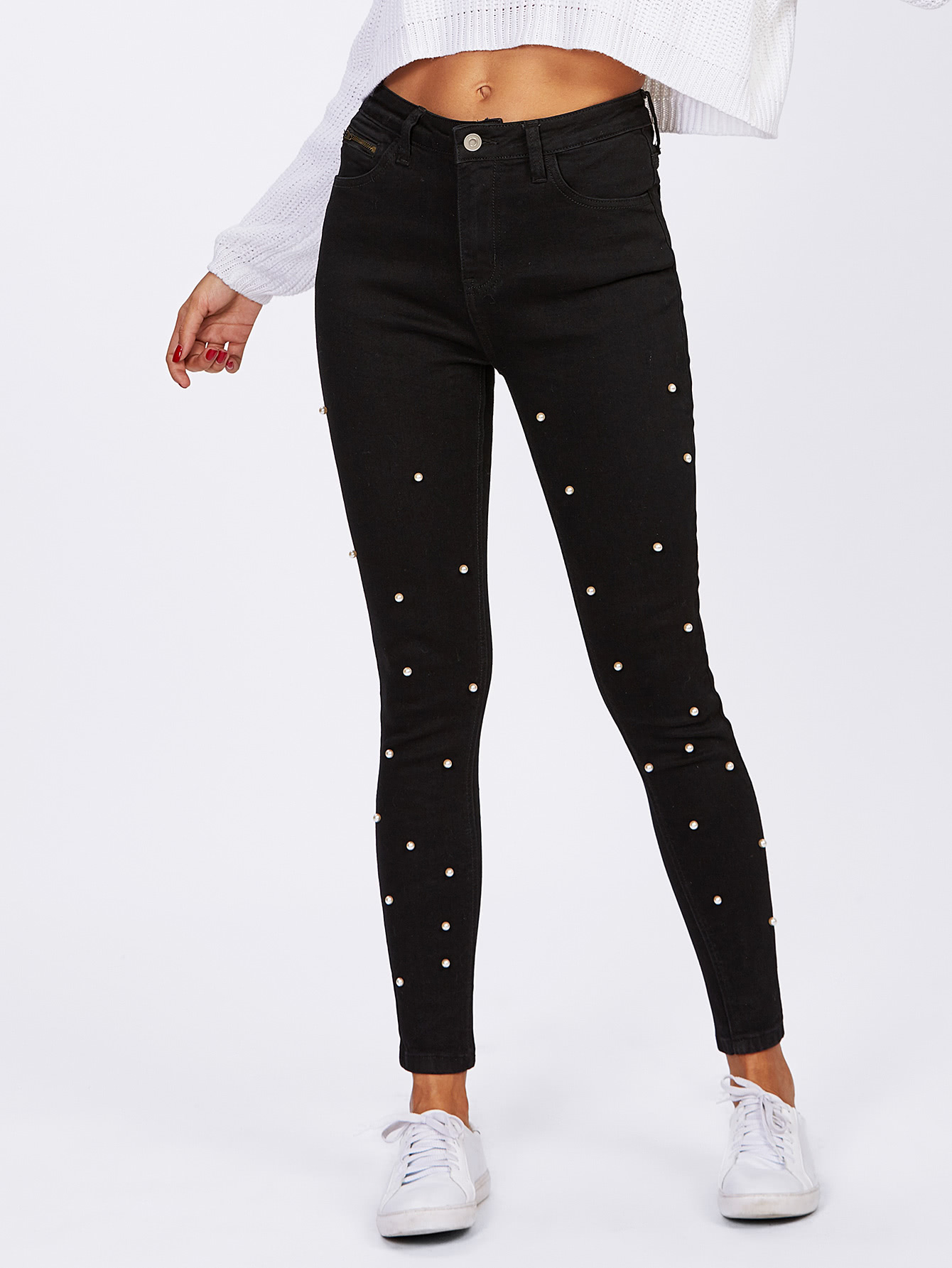 Pearl Beaded Front Jeans SheIn(Sheinside)