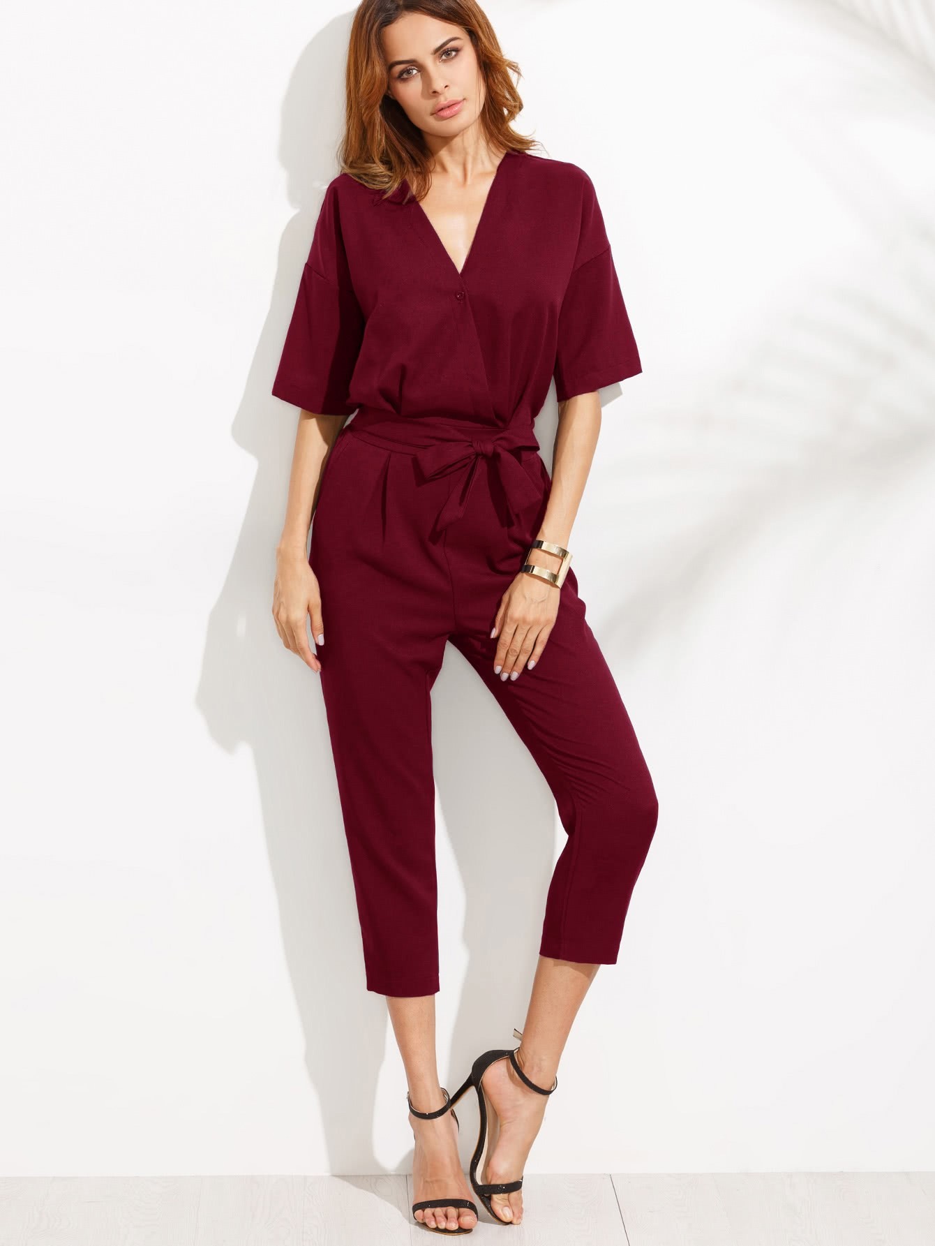V Neckline Drop Shoulder Self Tie Peg Jumpsuit