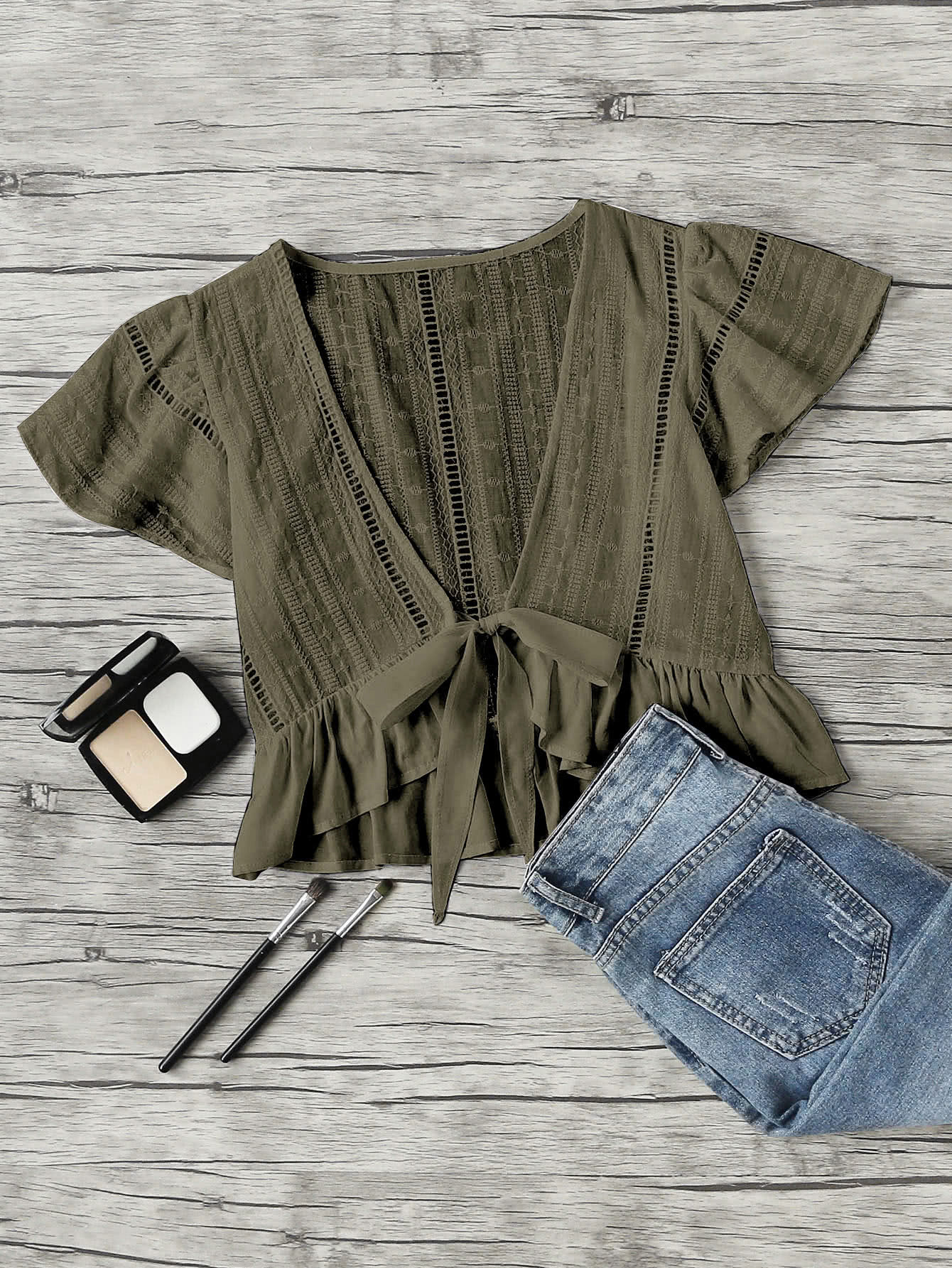 Plunging V-neckline Knot Frill Hem Dip Top