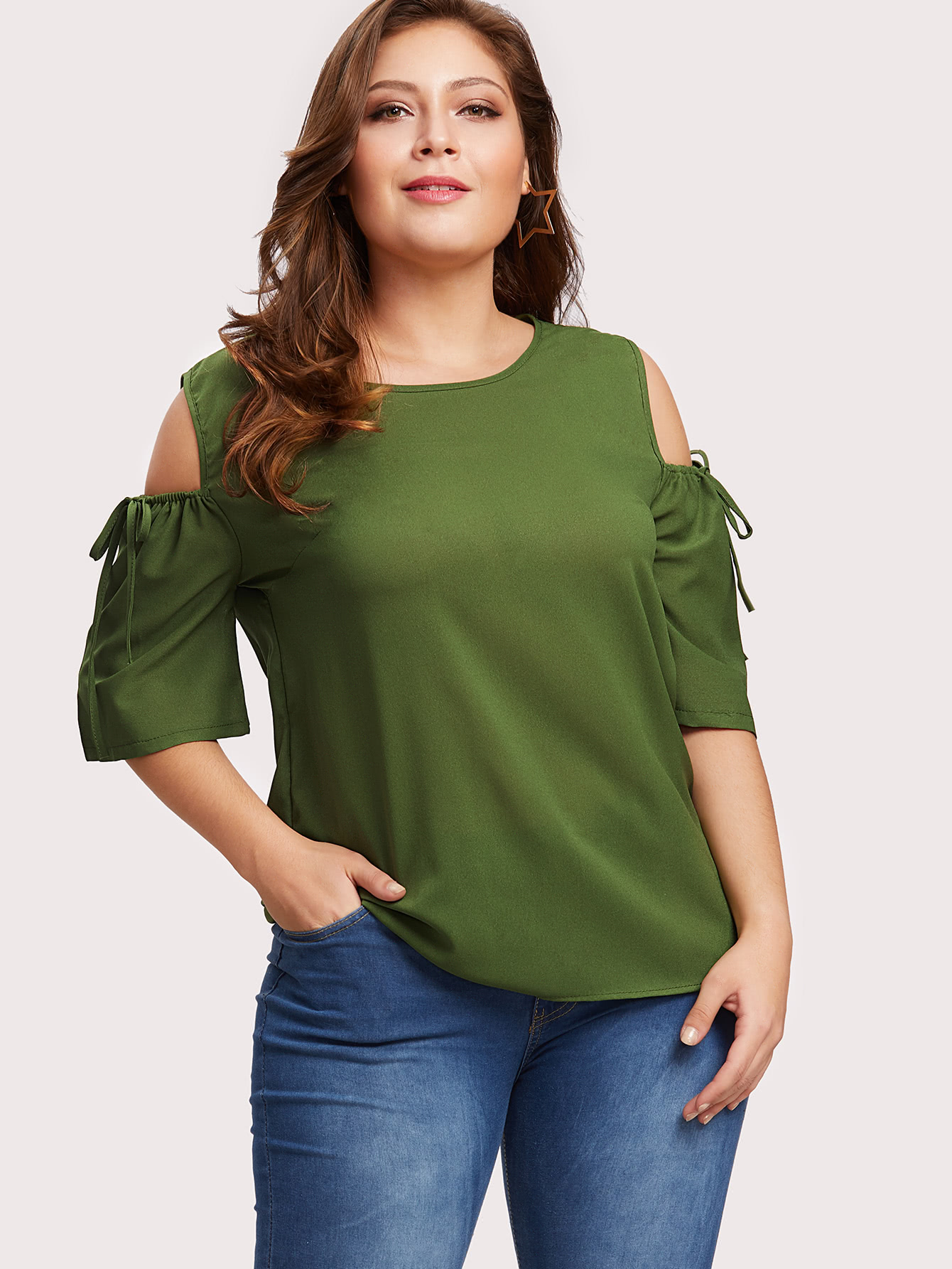 Plus Cold Shoulder Drawstring Sleeve Keyhole Back Top
