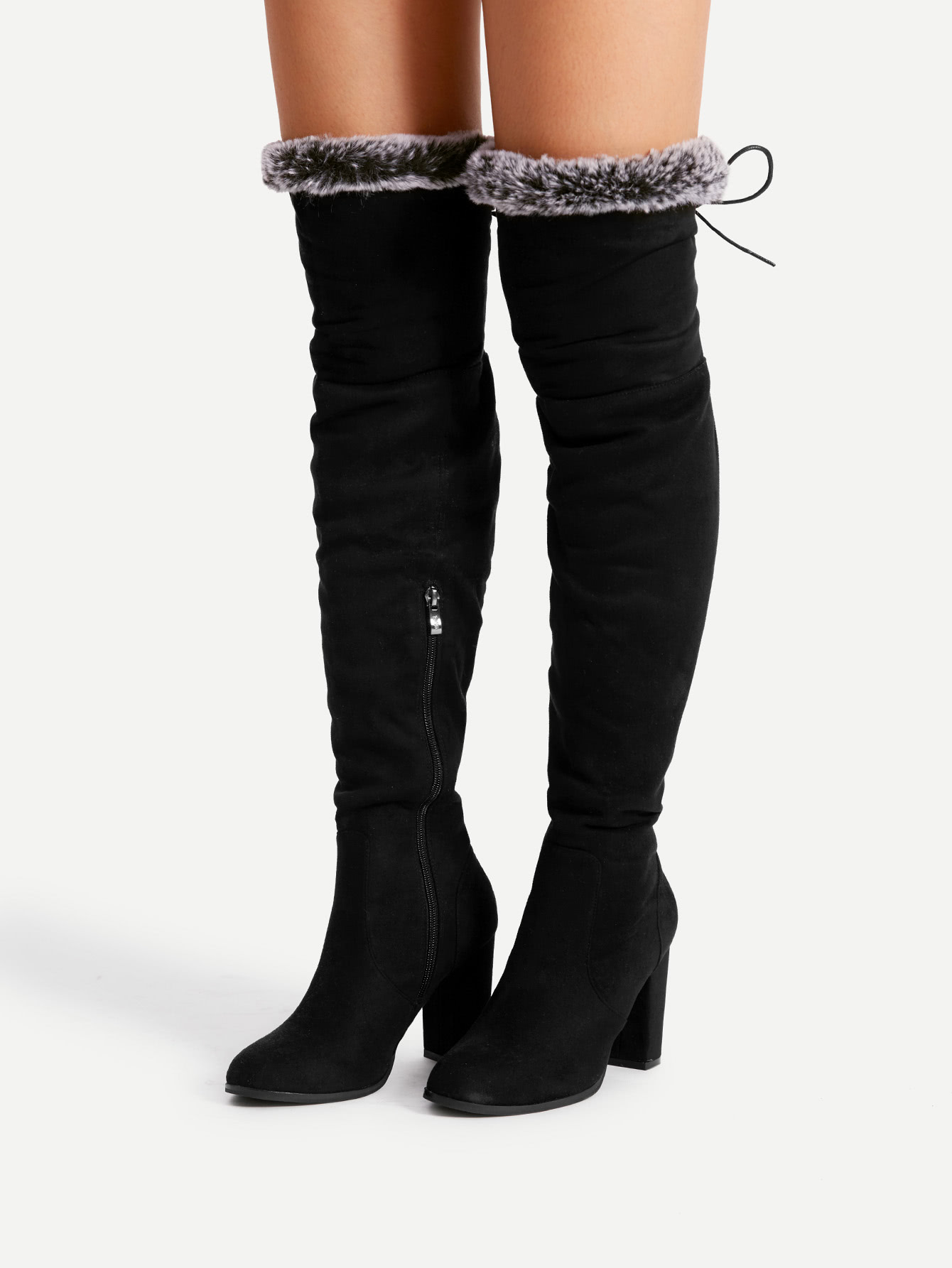 Faux Fur Trim Lace Up Suede Boots SheIn(Sheinside)
