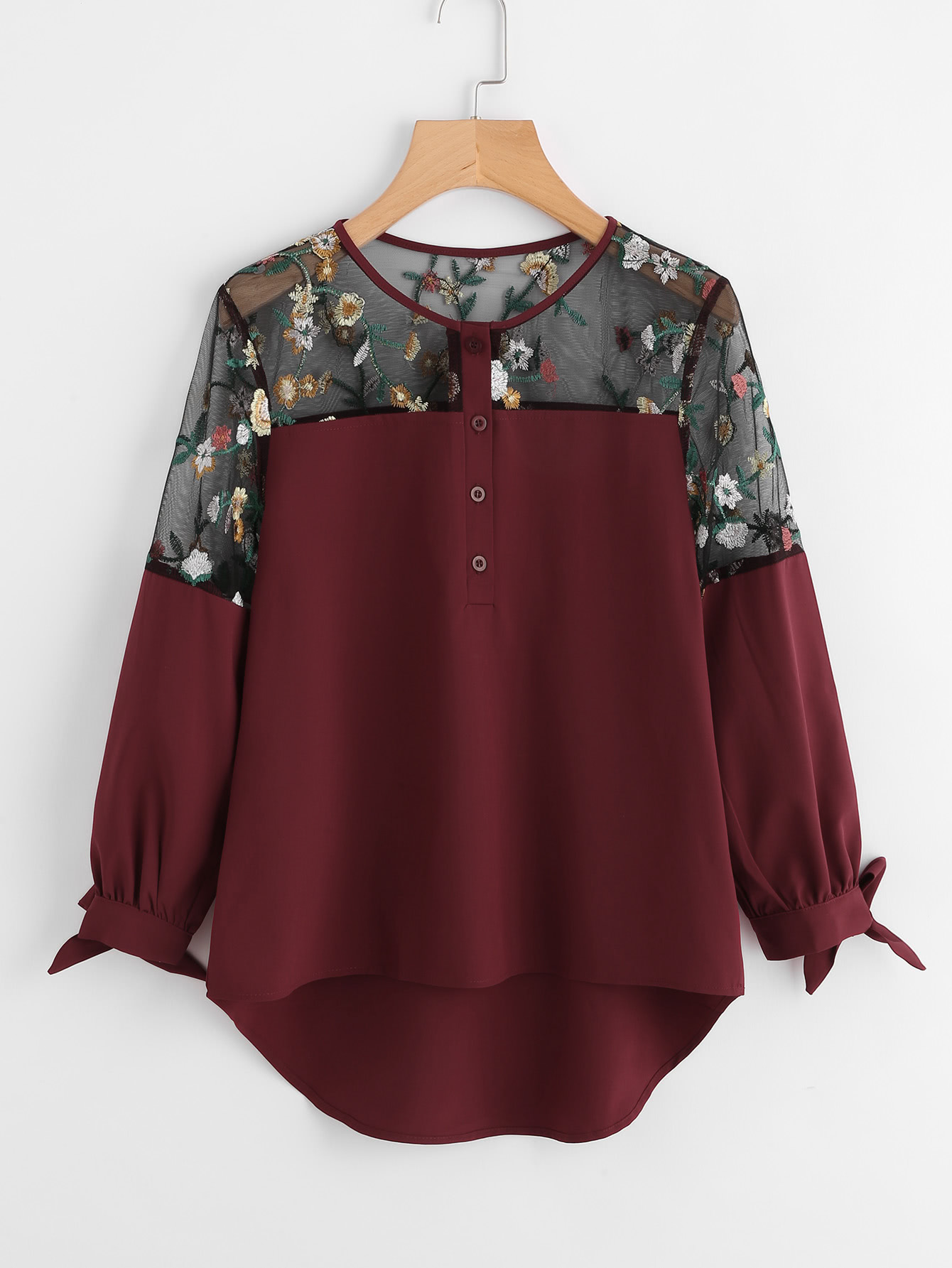 Embroidered Lace Panel Dip Hem Tie Cuff Blouse