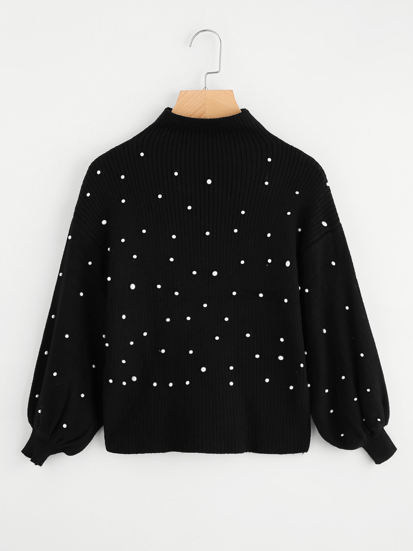 Pearl Beading Mock Neck Balloon Sleeve Jumper