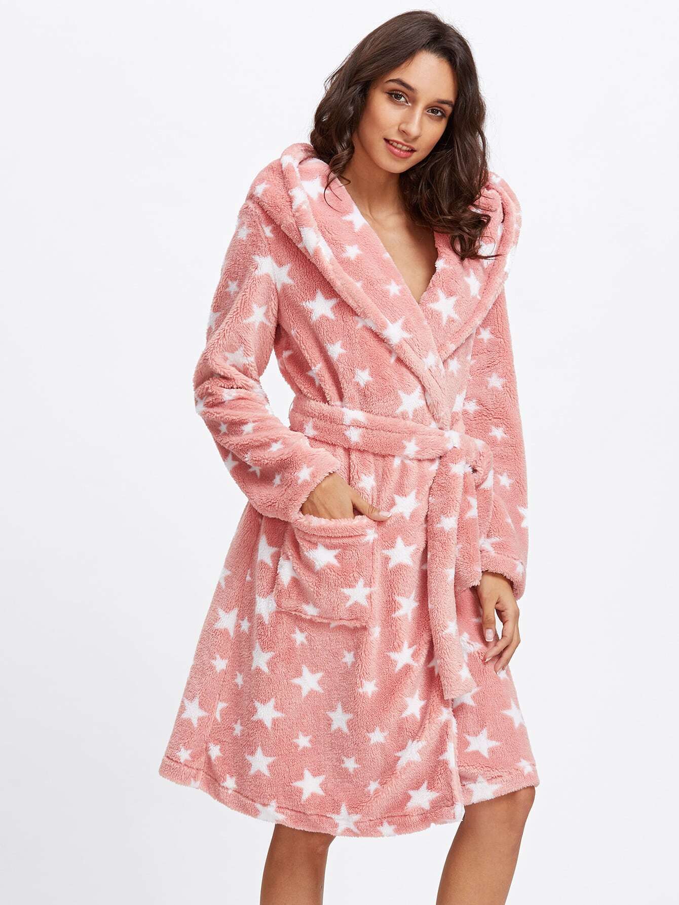 Star Print Faux Fur Hoodie Robe SheIn(Sheinside)