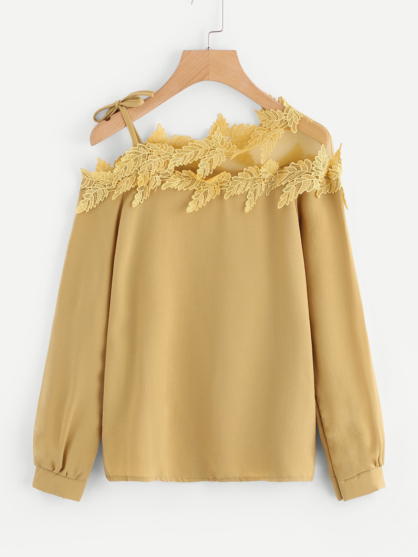 Mesh Panel Crochet Appliques Asymmetric Cold Shoulder Blouse
