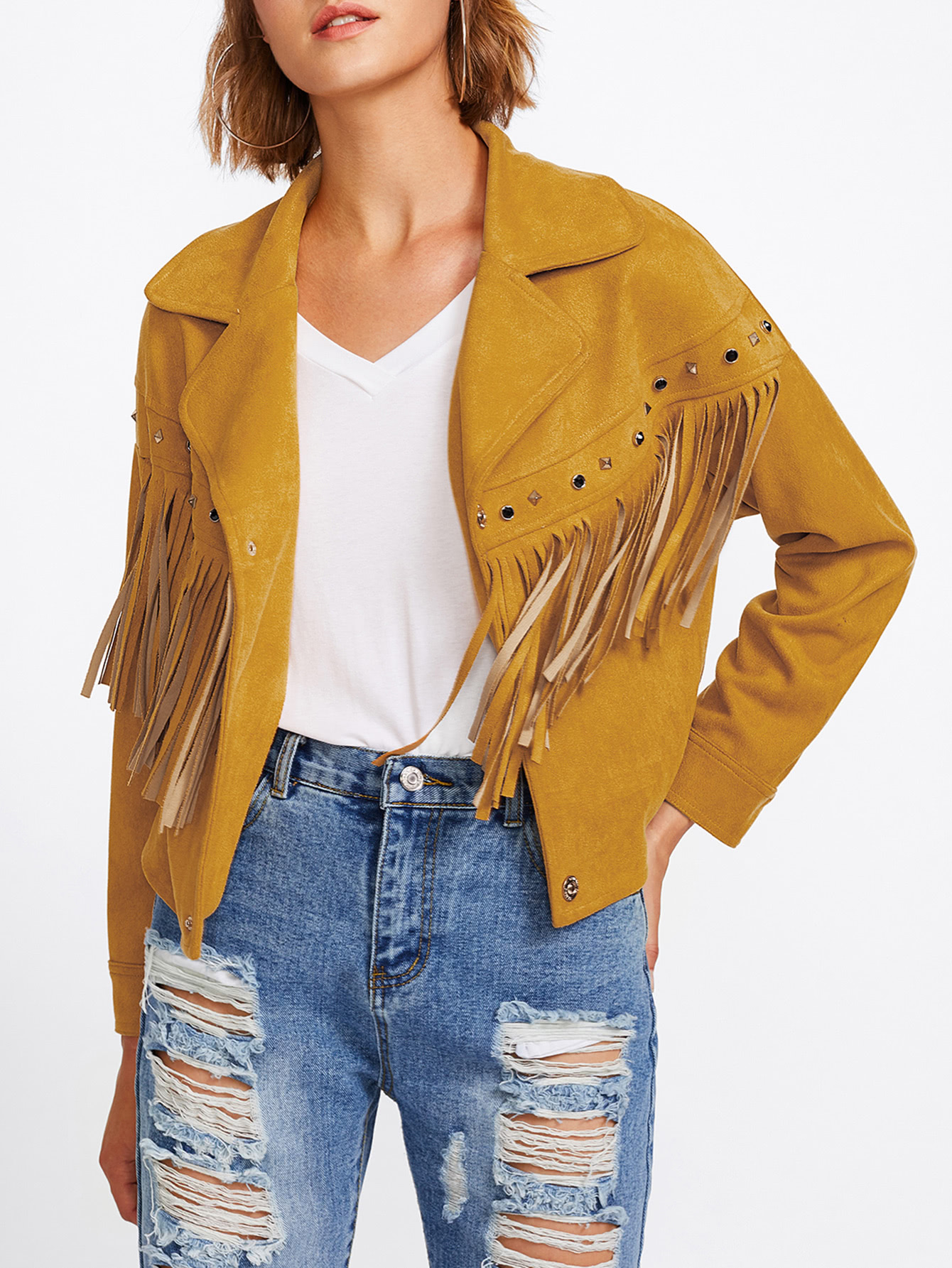 Studs Detail Fringe Trim Suede Jacket SheIn(Sheinside)