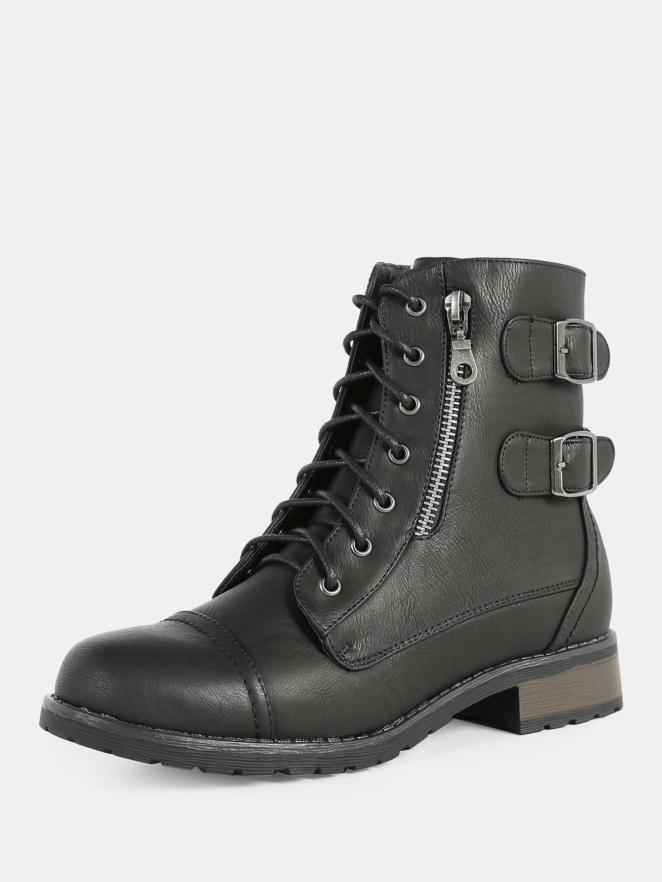 Lace Up Buckle Combat Boots BLACK SheIn(Sheinside)