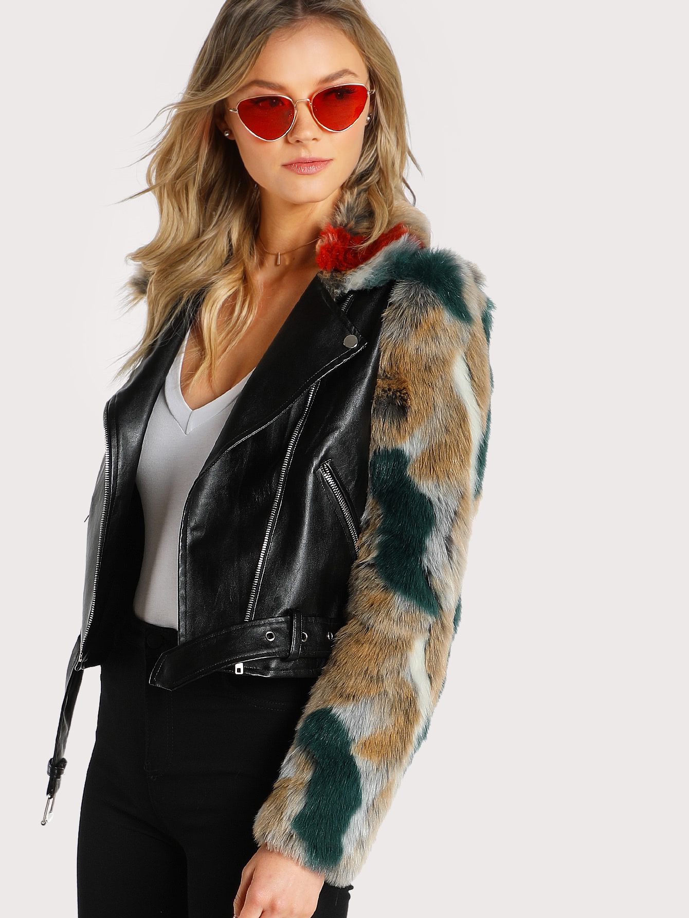 Faux Fur Sleeve And Collar Biker Jacket SheIn(Sheinside)