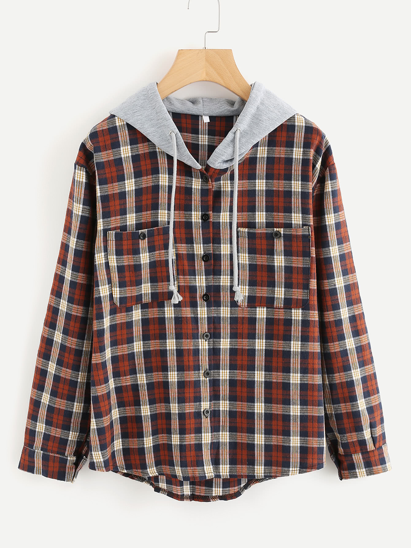 Hooded Button Front Check Sweatshirt With Chest Pockets