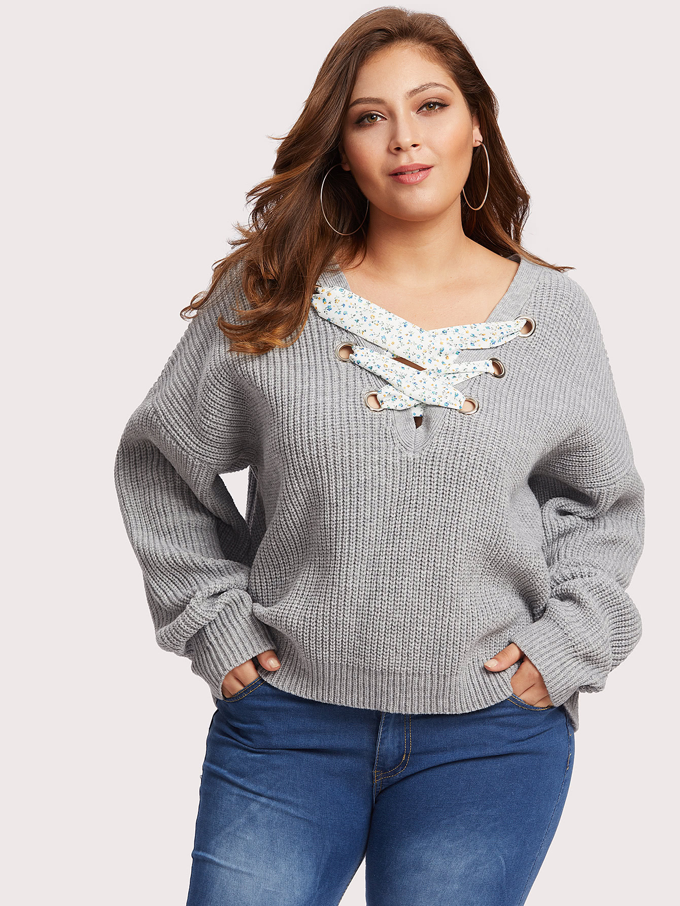 Plus Grommet Crisscross Front Drop Shoulder Jumper
