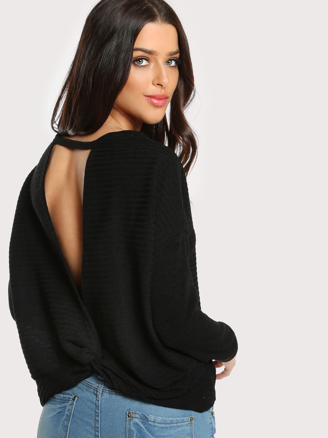 Open Back Knot Long Sleeve Top BLACK SheIn(Sheinside)