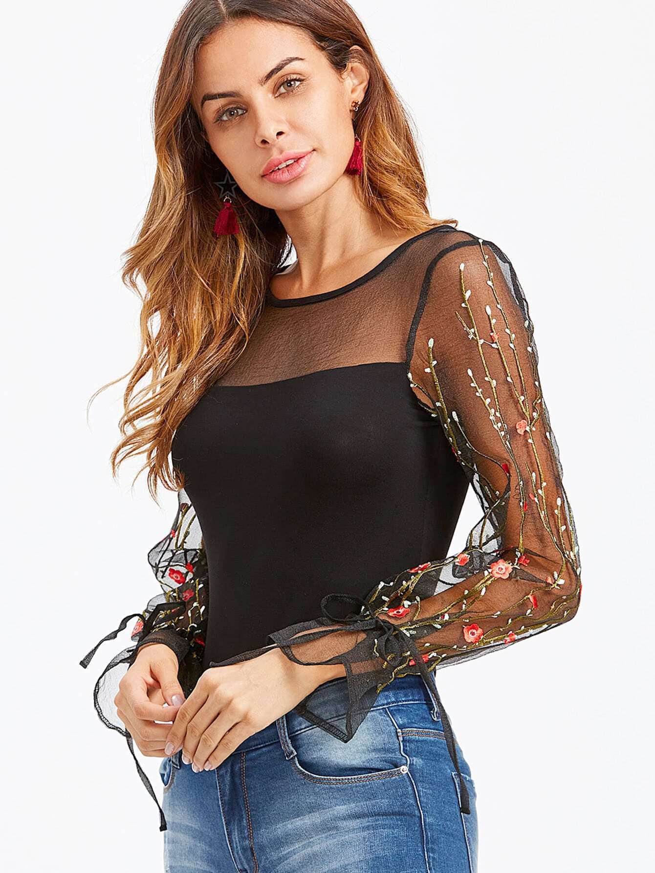 Mesh Yoke And Embroidery Sleeve Tied Cuff Bodysuit SheIn(Sheinside)