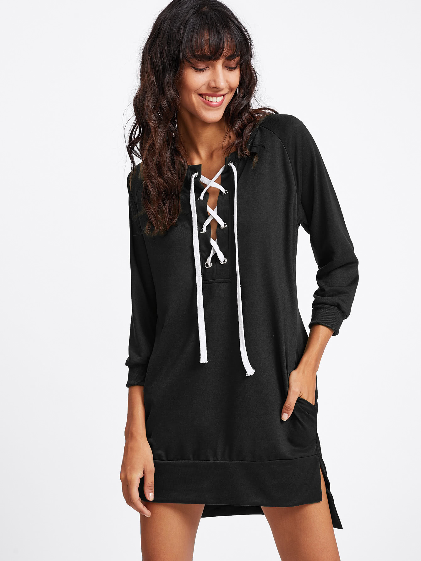 Grommet Lace Up Slit Side Raglan Sweatshirt Dress