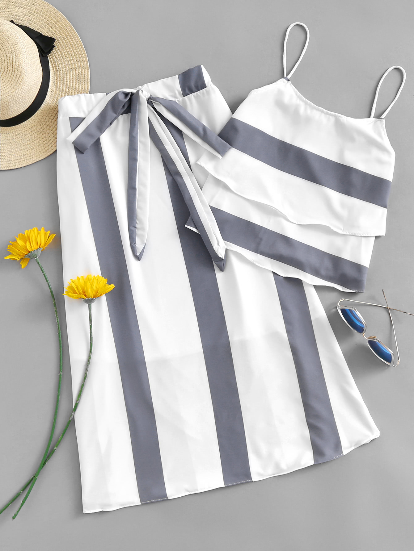 Striped Tiered Cami Top With Knot Front Skirt
