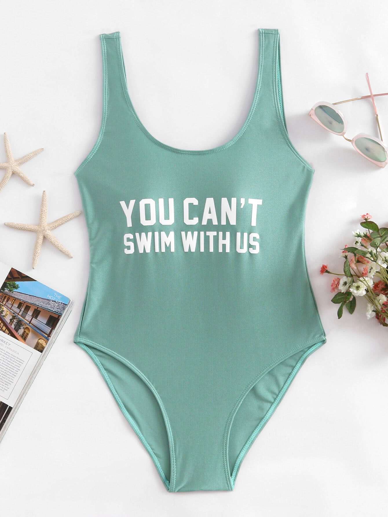 Slogan Print Low Back Swimsuit SheIn(Sheinside)