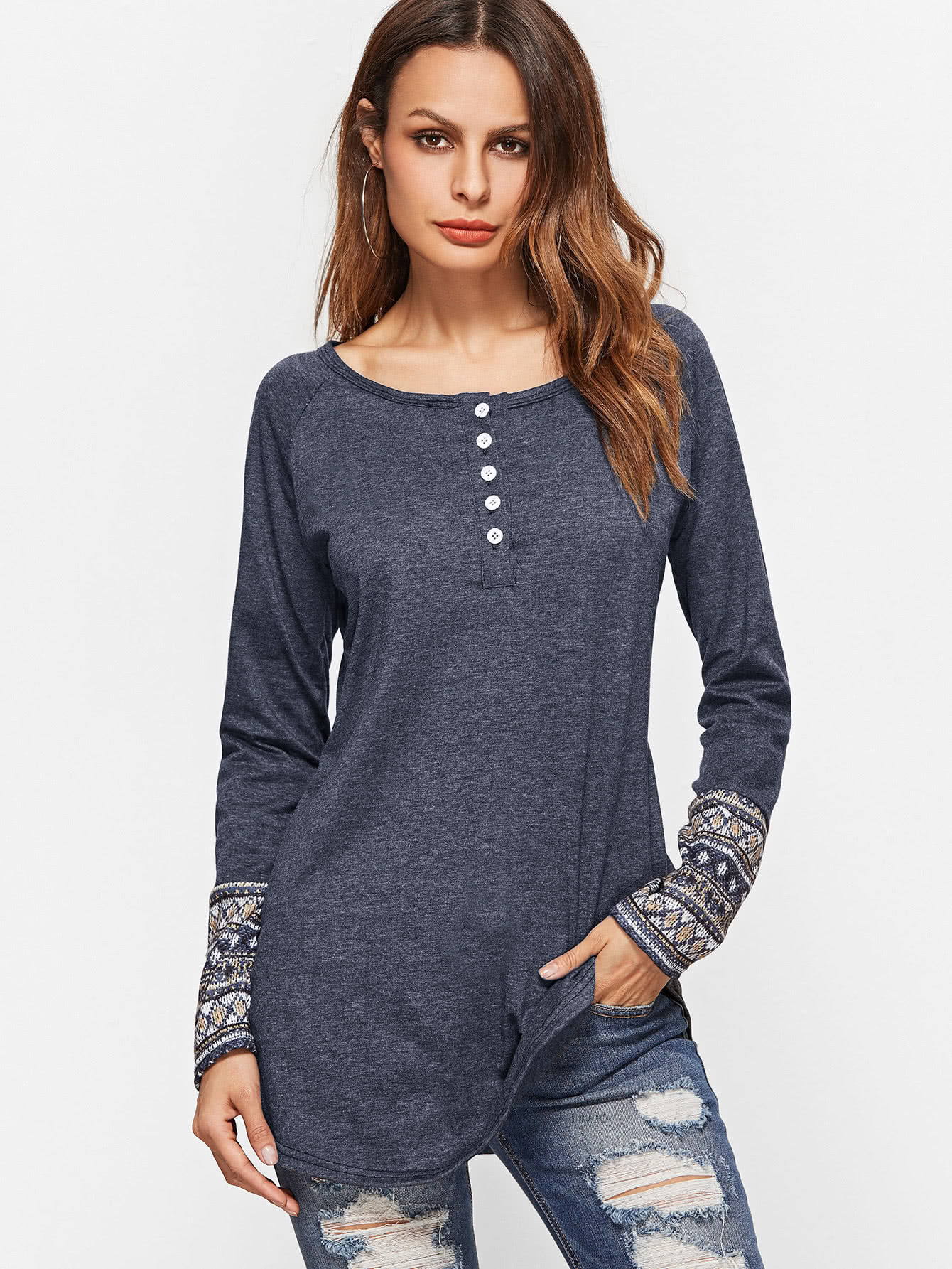 Contrast Tribal Print Cuff Button Front T-shirt
