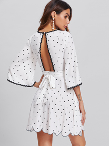 Bell Sleeve Open Back Scalloped Polka Dot Dress