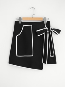 Contrast Binding Bow Tie Wrap Skirt