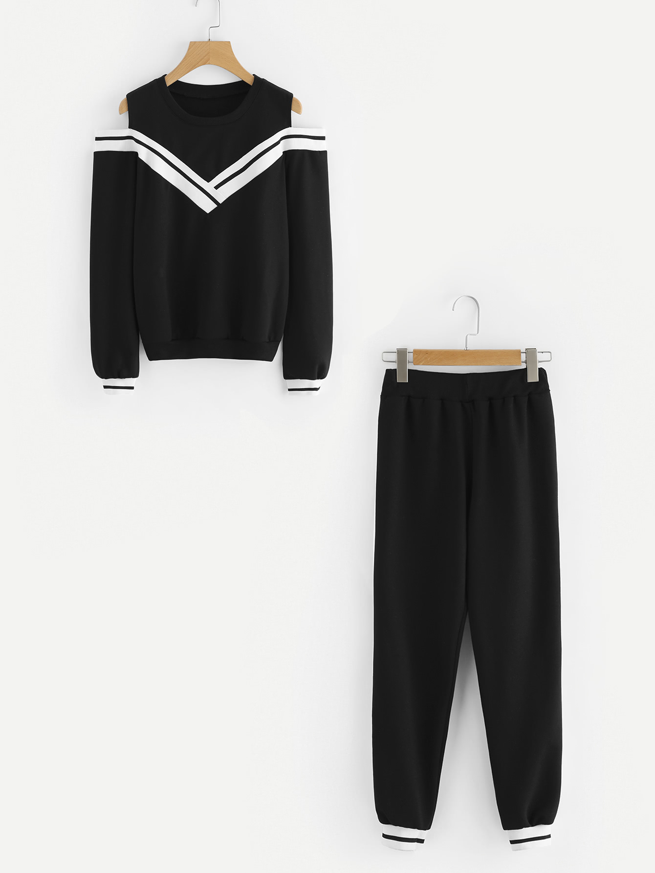 Cold Shoulder Chevron Contrast Trim Top With Pants