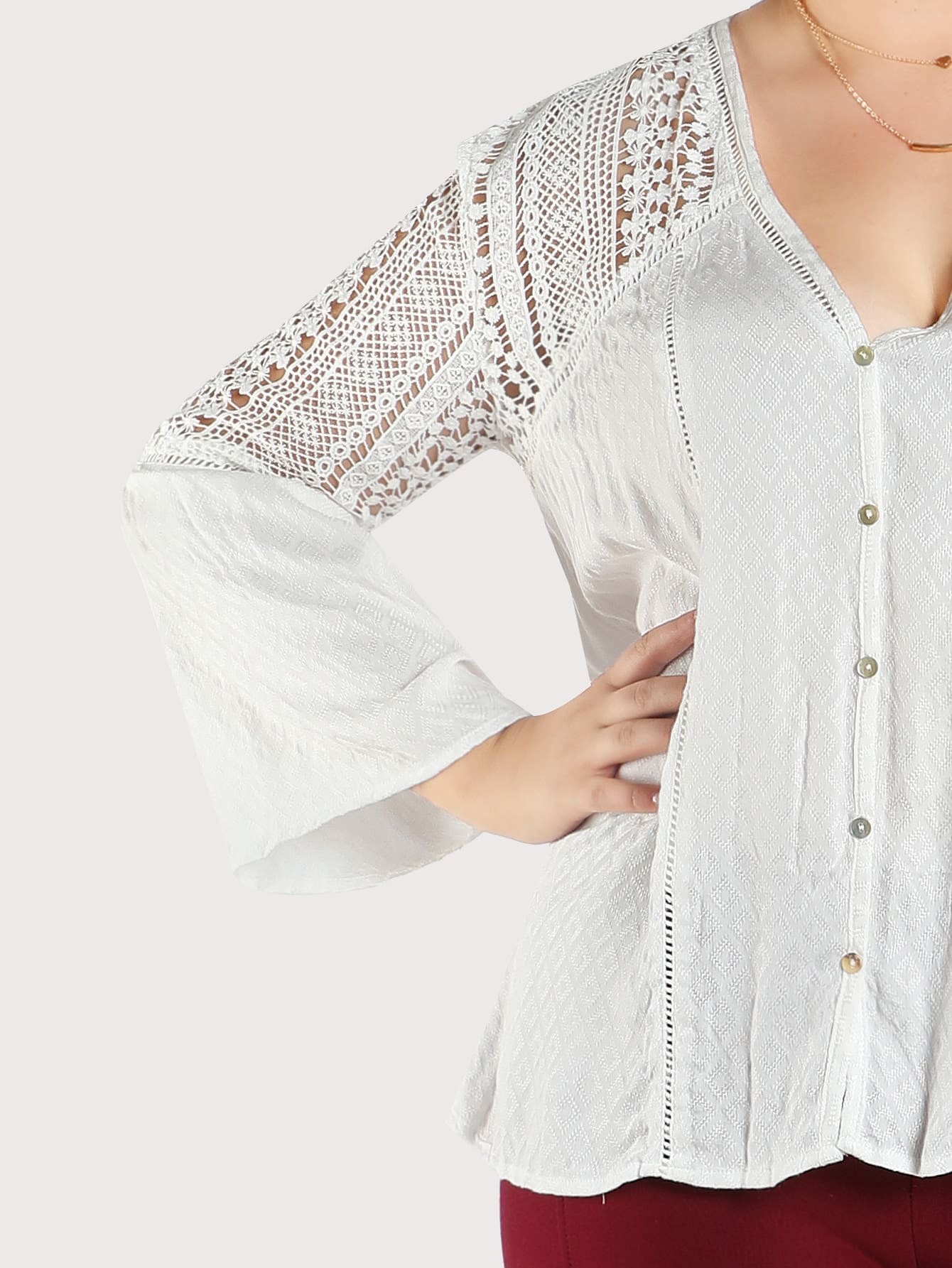 Lace Detail Button Up Blouse SheIn(Sheinside)