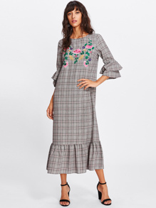 Frilled Sleeve And Hem Embroidered Plaid Dress