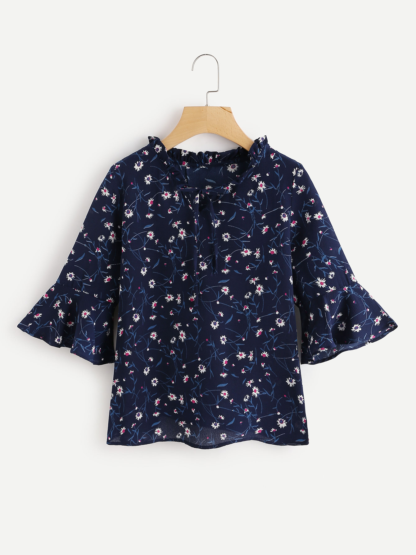 Calico Print Flute Sleeve Frill Blouse calico print layered butterfly sleeve blouse