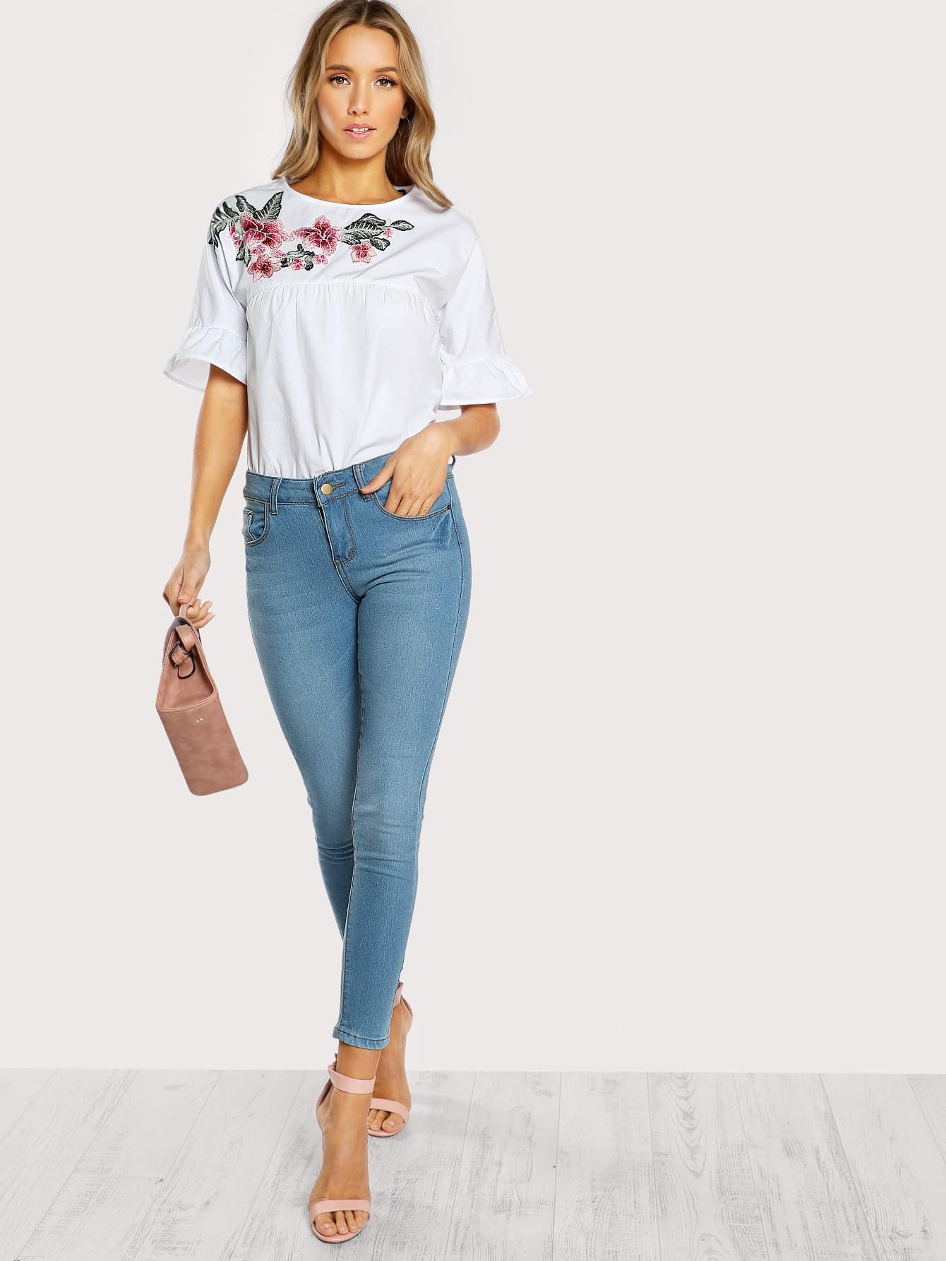 Embroidered Flower Embellished Ruffle Sleeve Babydoll Top SheIn(Sheinside)