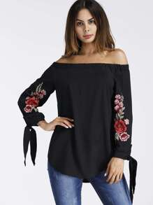 Bardot Embroidered Appliques Tie Cuff Top