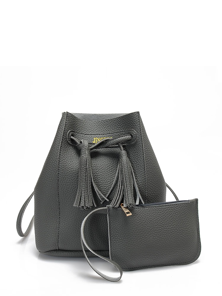 Tassel Drawstring Texture Bucket Bag With Clutch