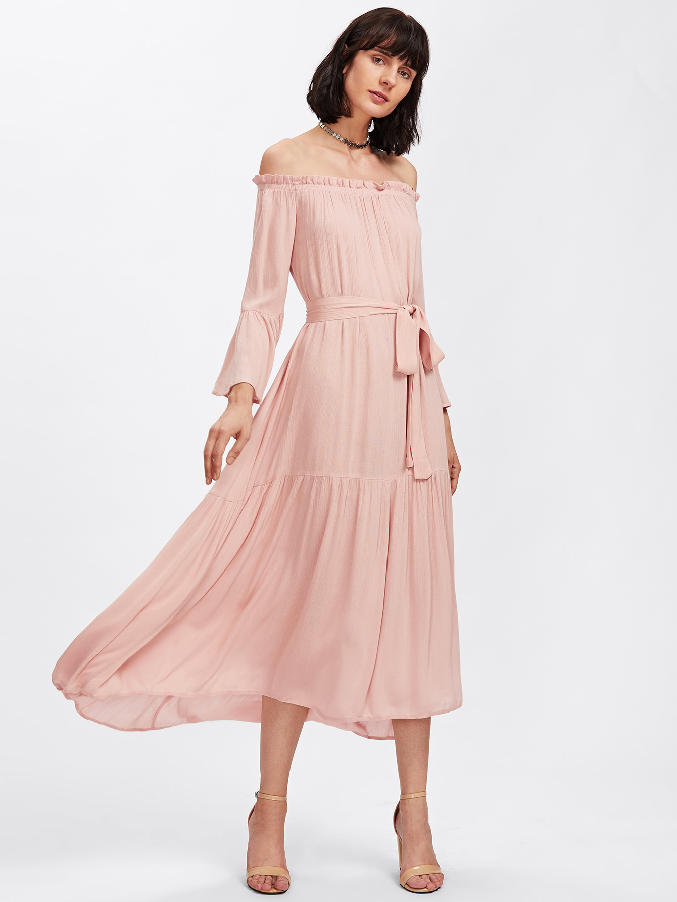 Self Tie Fluted Sleeve Tiered Bardot Dress shirred bardot tiered sleeve striped dress