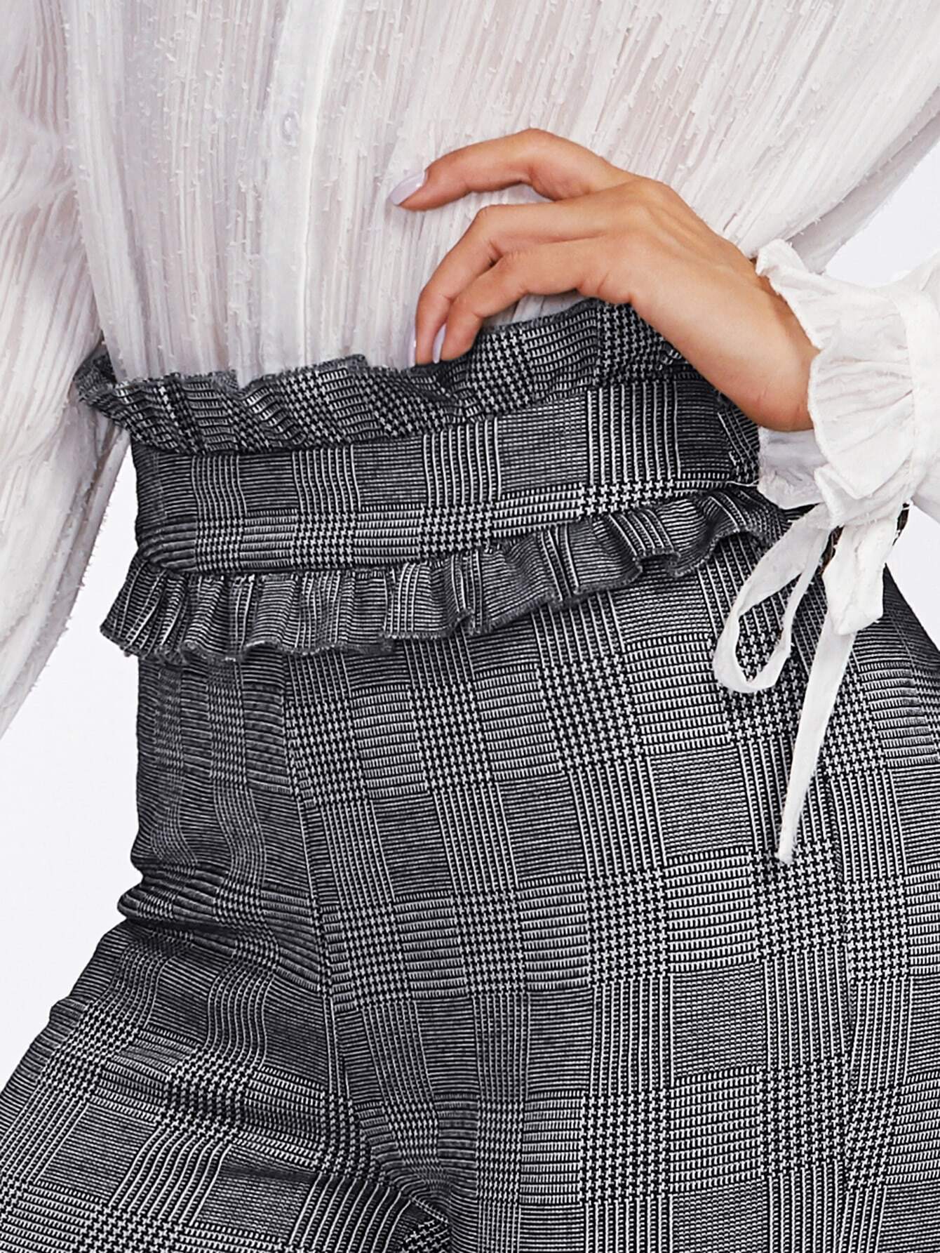 Ruffle Trim Waist Plaid Skinny Pants SheIn(Sheinside)